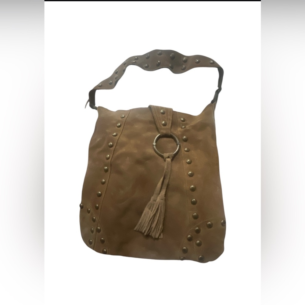 Jimmy Z Leather Brown Studded Hobo Bag with Tassel